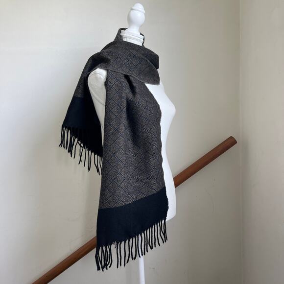 Vintage Brown Grey Black Plaid Neck‎ Scarf Merino Wool Made in Germany - Picture 1 of 10